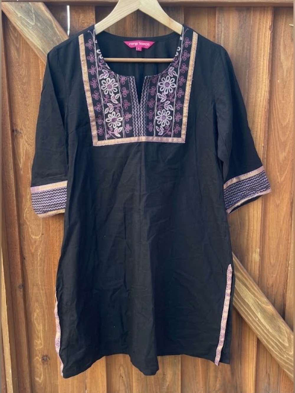 Rangmanch Black Embroidered Kurti Tunic Top 3/4 Sleeve Indian Bollywood Boho L